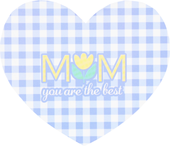 Grafika serca w błękitno-białą kratkę, z żółtym napisem MOM, tulipanem i "you are the best", element prezentu Eloy.