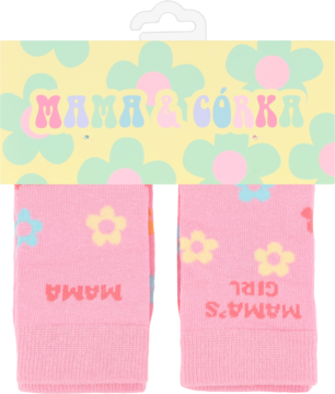 Eloy skarpety mama córka, 2 pary różowych skarpet w kwiatki, z napisami MAMA i MAMA'S GIRL, na kartonowym wieszaku.