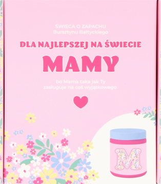 Różowa świeca zapachowa Eloy 170g w prezentowym pudełku z napisem "DLA NAJLEPSZEJ MAMY" i motywem kwiatowym.
