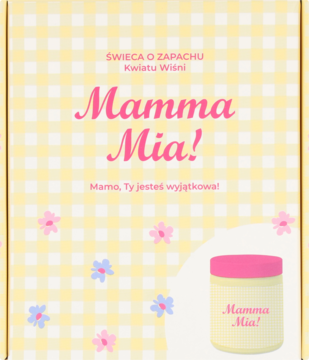Eloy świeca zapachowa Kwiat Wiśni, front żółtego pudełka w kratkę z napisem Mamma Mia! i słoikiem.