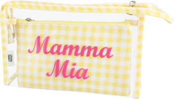 Eloy kosmetyczka Mamma Mia, przezroczysta, żółto-biała kratka, różowy napis, biały zamek, widok przodem.