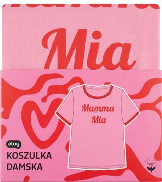 Różowa koszulka damska Eloy 'Mamma Mia' w opakowaniu, z napisem Mia i wizualizacją koszulki z przodu.