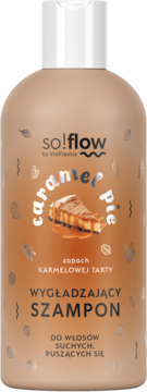 Szampon so!flow Caramel Pie wygładzający do włosów suchych w beżowej butelce, widok z przodu.