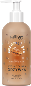 So!flow wygładzająca odżywka, karmelowa tarta, brązowa butelka z białą pompką, widok z przodu.