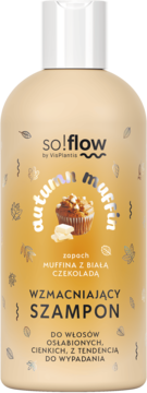 So!flow Autumn Muffin wzmacniający szampon o zapachu muffina z białą czekoladą, beżowa butelka, widok z przodu.