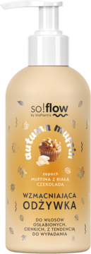 So!flow Autumn Muffin wzmacniająca odżywka do włosów osłabionych, beżowa butelka z pompką, widok z przodu.