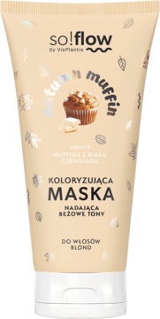 Maska koloryzująca so!flow beżowe tony dla blond włosów, zapach muffina i białej czekolady, beżowa tubka z przodu.