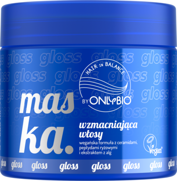 Maska do włos&oacute;w OnlyBio Gloss niebieska, wzmacniająca, z ceramidami i peptydami ryżowymi, widok z przodu.