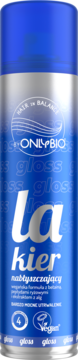 Niebieski lakier do włosów Onlybio nabłyszczający, puszka aerozolowa z logo Vegan i cyfrą 4, widok z przodu.