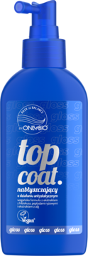 Niebieska butelka ONLYBIO Top Coat nabłyszczający do włosów z pompką, srebrne napisy i logo Vegan, widok z przodu.