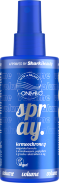 Niebieski spray do włosów OnlyBio Volume, termoochronny, z wegańską formułą, widok z przodu butelki.