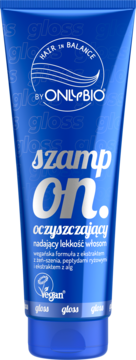 Niebieski szampon OnlyBio Hair in Balance, oczyszczający i nadający lekkość włosom, widok frontalny.