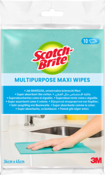 Opakowanie Scotch-Brite Multipurpose Maxi Wipes, 10 sztuk, turkusowe. Ręka czyści blat superchłonną chusteczką jak bawełna.