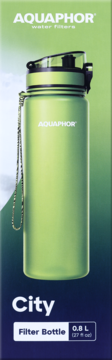 Butelka filtrująca Aquaphor City 0.8L w kolorze limonkowym, z przezroczystym korkiem i uchwytem, widok z przodu na opakowaniu.