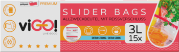 Różowe opakowanie viGO! Slider Bags 3L (15 sztuk) z pomarańczowym paskiem i ilustracją woreczków z suwakiem.