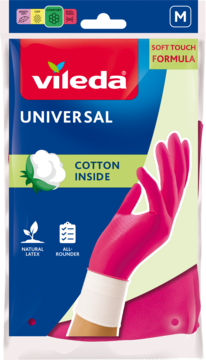 Różowe rękawice Vileda Universal, nitrylowe, z bawełnianą wyściółką, rozmiar M, w opakowaniu Soft Touch Formula.