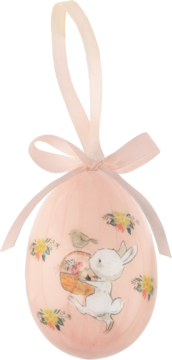 Różowa pisanka wisząca, z jasnoróżową kokardką. Malowana scena: biały królik z koszykiem, ptaszek i kwiaty.
