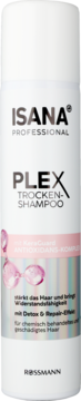 Biała butelka ISANA PROFESSIONAL PLEX Trocken-Shampoo z różowym pasem i napisem Detox & Repair. Widok z przodu.