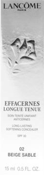 Lancôme Effacernes Longue Tenue, korektor SPF30 w jasnym pudełku, odcień 02 Beige Sable, widok z przodu.