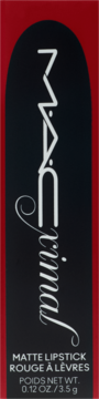 Pionowy widok opakowania matowej pomadki MAC Ximal Russian Red, czarno-czerwone, z białym logo i opisem.