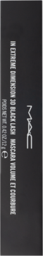 Boczny widok czarnego opakowania tuszu MAC In Extreme Dimension 3D Black Lash Mascara z białym napisem.