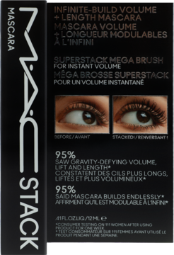 Tusz MAC Stack Mascara w czarnym opakowaniu, widok z przodu, z grafiką oka i obietnicą nieskończonej objętości.