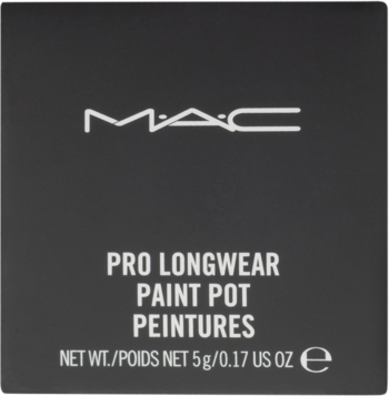 Czarne, kwadratowe opakowanie MAC Pro Longwear Paint Pot, baza i kremowy cień, z przodu białe logo i 5g.