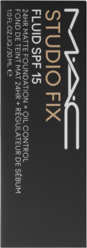 Ciemnoszare pionowe opakowanie podkładu MAC Studio Fix Fluid SPF 15, matujący, 24HR, kontrola sebum.
