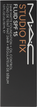 MAC Studio Fix Fluid SPF 15, matujący podkład 30ml. Ciemnoszare pudełko z pionowym logo i białymi/złotymi napisami.