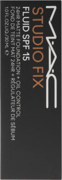 Pionowe opakowanie podkładu MAC Studio Fix Fluid SPF 15, ciemnoszare z pomarańczowym napisem.