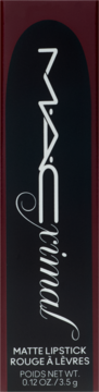MAC Ximal matowa pomadka Diva, ciemnoczerwone opakowanie z czarną etykietą i białym stylizowanym logo.