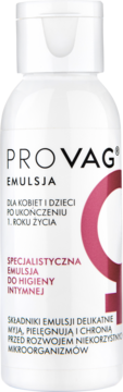 Biała butelka ProVAG Emulsja do higieny intymnej dla kobiet i dzieci, z różowym logo, ujęcie z przodu.