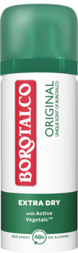 Biały antyperspirant Borotalco Original Extra Dry w sprayu z zieloną nakrętką, 48h, widok z przodu.