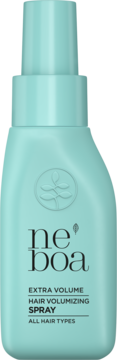 Turkusowy spray Neboa Extra Volume do włosów, matowa butelka z czarnym logo i napisami, widok z przodu.
