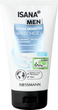 ISANA MEN Ultra Sensitiv Waschgel 0% alkohol, biała tubka z czarną nakrętką, widok z przodu, do wrażliwej skóry.
