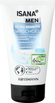 ISANA MEN Ultra Sensitiv Waschgel 0% alkohol, biała tubka z czarną nakrętką, widok z przodu, do wrażliwej skóry.