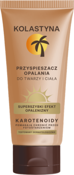 Kolastyna przyspieszacz opalania do twarzy i ciała, tuba z karotenoidami, brązowa z palmą, widok z przodu.
