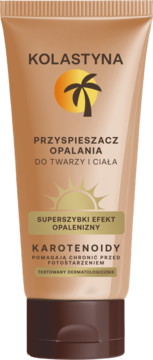 Kolastyna przyspieszacz opalania do twarzy i ciała, beżowa tubka z palmą i słońcem, widok z przodu.