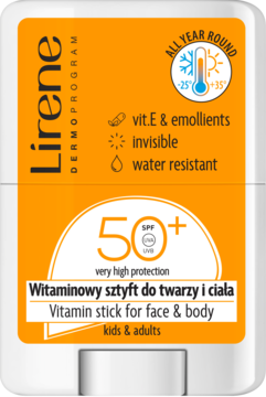 Frontowy widok pomarańczowo-białego sztyftu Lirene Vitamin stick SPF 50+ do twarzy i ciała, wodoodporny, dla dzieci i dorosłych.