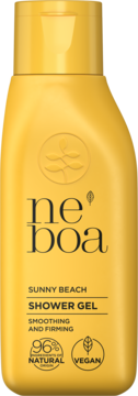 Żółty żel pod prysznic Neboa Sunny Beach, wygładzający i ujędrniający, z logo liści, widok z przodu.