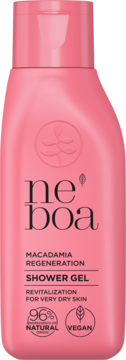 Różowy żel pod prysznic Neboa Macadamia Regeneration do bardzo suchej skóry, widok z przodu.