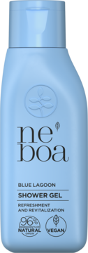 Ne Boa Blue Lagoon żel pod prysznic, błękitna butelka, 96% naturalny, wegański, widok z przodu.