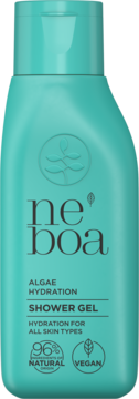 Ne_boa Algae Hydration Shower Gel w turkusowej butelce, 96% naturalny, wegański. Widok z przodu.