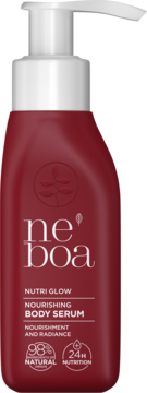 Serum Neboa Nutri Glow 98% naturalne, intensywnie odżywcze z olejem awokado, w burgundowej butelce z pompką, widok z przodu.