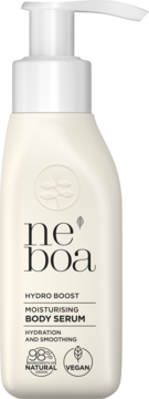 Neboa Hydro Boost nawilżające serum do ciała 98% Natural, kremowa butelka z pompką, widok z przodu.
