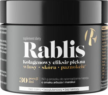 Czarny słoik Rablis, kolagenowy eliksir piękna o smaku arbuza i marakui, widok z przodu.