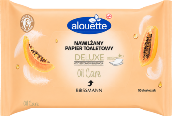 Alouette Nawilżany Papier Toaletowy Deluxe Oil Care, brzoskwiniowe opakowanie z grafiką papai, widok z przodu.
