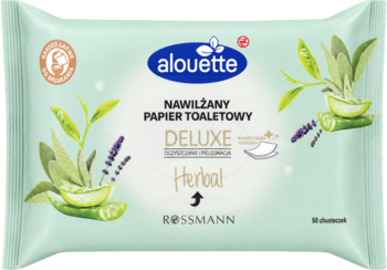 Alouette nawilżany papier toaletowy Herbal, 50 szt. w zielonej paczce z ziołowymi grafikami, widok z przodu.