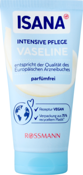 Jasnoniebieska tubka Isana Intensive Pflege Vaseline, widok z przodu, z logo Rossmann, bezzapachowa.
