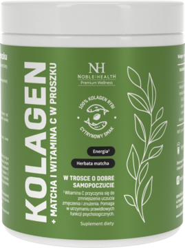 Zielony Kolagen Noble Health Rybi z Matchą i Witaminą C w proszku, cytrynowy smak, widok z przodu.